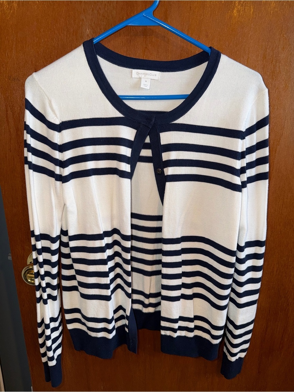 Charter Club Navy and White Striped Crewneck Cardigan